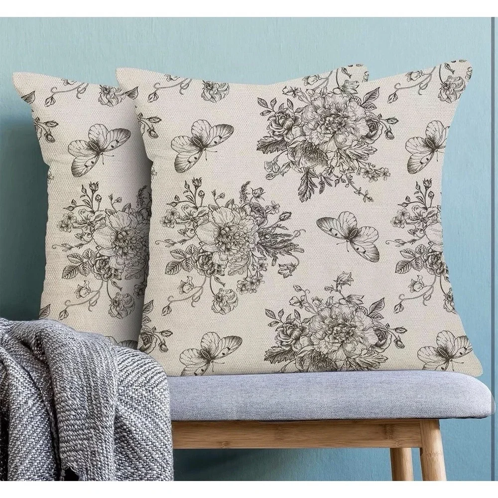 Chinoiserie Black Floral Pillow Covers 20x20 Inch Set of 2 - NEW